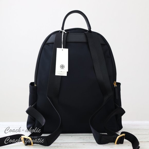 NWT Tory Burch Ella Logo Dual Zip Compartment Nylon Backpack in Black - Picture 6 of 13